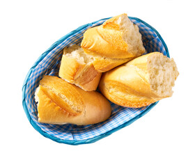 french baguette pieces in basket isolated on white background with clipping path, top view.