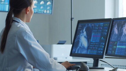 Professional medical doctors are maksing computer research in hospital office. Medicine, healthcare and cardiology concepts.