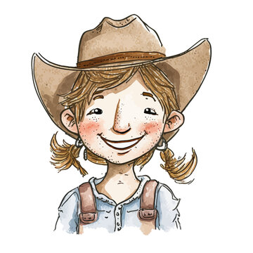 Illustration of a young girl in typical American cowgirl mode of the Wild West. Vector, ideal for a graphic use or to arouse emotions.