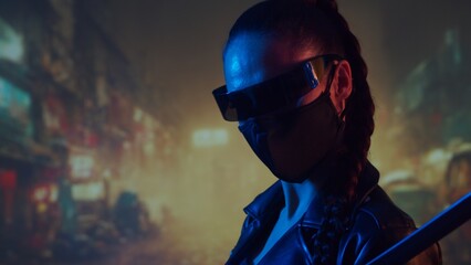 Cyberpunk ninja girl in a mask and with a katana. Beautiful female samurai woman on the background of Asian city downtown. © Acronym