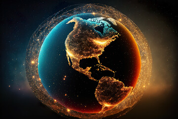 Obraz premium Data network, flow of information through the Internet throughout the world. Communication, data flow through the global system with the help of the continuously evolving technology of the present and