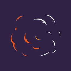 Smoke from dynamite explosion cartoon illustration. Explosive effect isolated on dark background. Bang animation, fire, crash concept