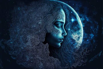 Constellation blue Moon fantasy art Portrait With A Long Hair Women Face and Blue Sky Generative AI
