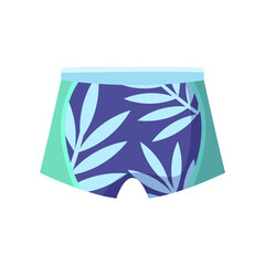 Blue swimwear with tropical pattern vector illustration. Cartoon drawing of male swim shorts or underpants isolated on white background. Summer, fashion concept