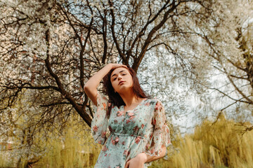 Fototapeta na wymiar Portrait of charming pretty woman dressed flowery dress posing near apple cherry tree blossoms blooming flowers in the garden park in early spring nature. Fashion, girl model with black hair