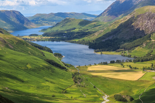 Hillside view over Buttermere and Crummock water with the Solway Firth in the background
