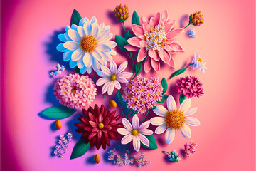 A Painting of Colorful Flowers on a Soft Pink background AI Generative