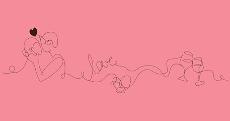 Drawn kissing couple, glasses of wine and heart on pink background. Valentine's Day 