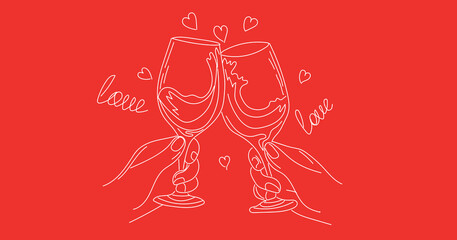 Hands of couple clinking glasses of wine on red background. Valentine's Day celebration