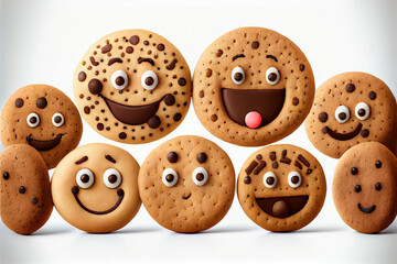 Obraz premium A group of funny cookies, cookies with eyes and smiling faces. AI generated.