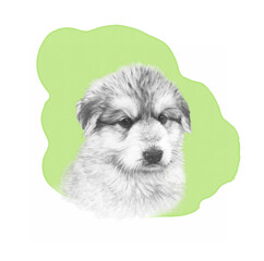 Portrait of Cute small puppy on green art background. Caucasian shepherd, bear dog. Sketch. Hand drawn illustration of Pets. Animal art collection: Dogs. Good for print T-shirt, banner, pillow, card