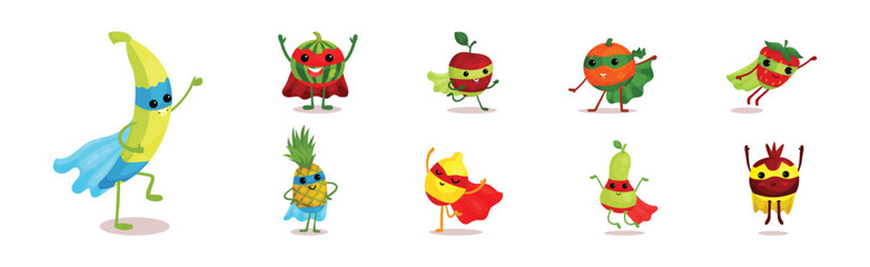 Funny Fruits Wearing Superhero Cloak Vector Set