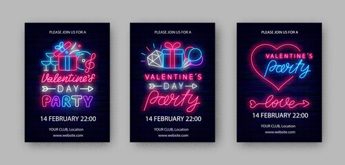 Valentines Day party neon posters collection. Present, diamond and balloons. Vector stock illustration