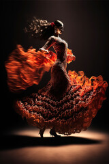 Generative AI illustration of Young woman dancing flamenco - obrazy, fototapety, plakaty