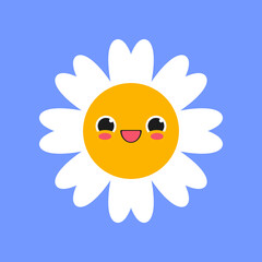 Happy white chamomile character smiling with blush on blue background. Daisy with cute face cartoon illustration. Flowers, greeting concept