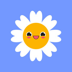 Happy white chamomile character smiling with blush on blue background. Daisy with cute face cartoon illustration. Flowers, greeting concept