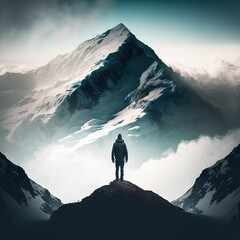 a man standing on top of a mountain looking at the sky and clouds below him, with a mountain in the background, with a person standing on top of a mountain.  generative ai