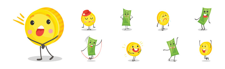 Cute Funny Banknotes and Coins Humanized Characters Showing Various Emotions Vector Set