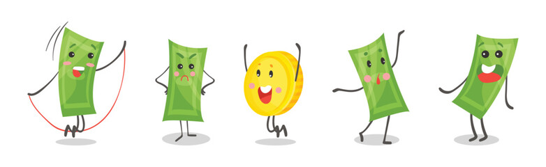 Cute Funny Banknotes and Coins Humanized Characters Showing Various Emotions Vector Set