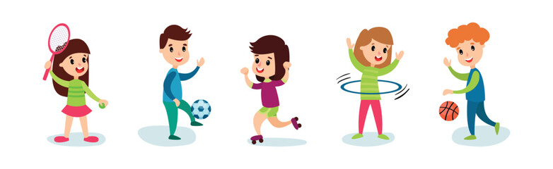 Little Boy and Girl Doing Sport Playing Tennis, Football and Roller Skating Vector Set