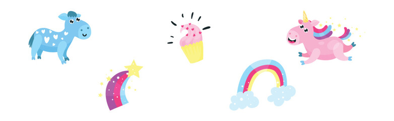 Fairy Unicorn with Rainbow Tail and Twisted Horn Vector Set
