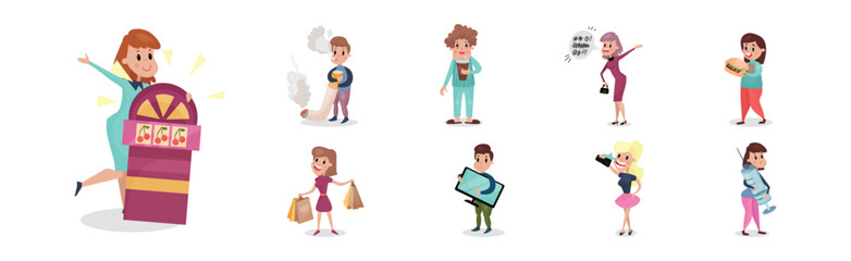 People Characters Having Bad Habits and Harmful Addiction Vector Set