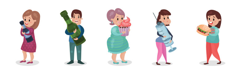 People Characters Having Bad Habits and Harmful Addiction Vector Set