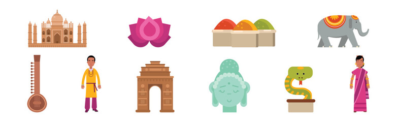 Indian Traditional Symbols with Lotus Flower and Taj Mahal Building Vector Set