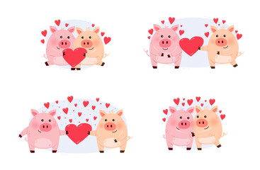 Cute pigs in love. Collection of animal characters with hearts for Valentine’s Day. Design for for invitation, cards, poster. Vector illustration