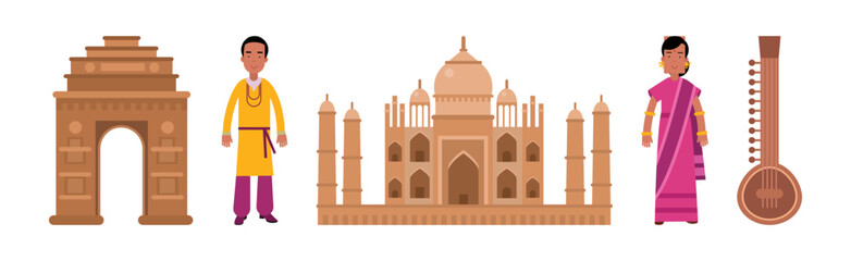 Indian Traditional Symbols with Musical Instrument, Clothing and Taj Mahal Building Vector Set