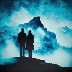 
A silhouette romantic couple hugging, holding hands, and kissing with a blue mountain landscape romantic valentines love scene in generative ai