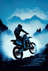 motocross adrenaline extreme outdoor sport painting over mountain track, powerful minimalism image painting with blue mountains fog with generative ai