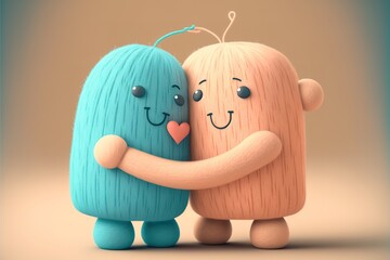 A friendly cute felt character hug ging threads, ai generative illustration for love friendship and family concept. Generative AI