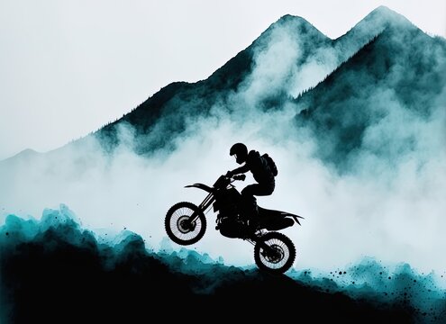 motocross adrenaline extreme outdoor sport painting over mountain track, powerful minimalism image painting with blue mountains fog with generative ai