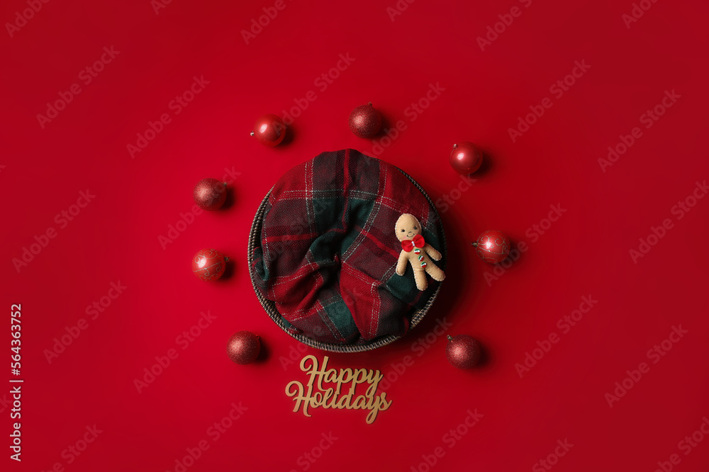 Wall mural Red  gingerbread man Christmas Holiday background for newborn composite greeting card or announcement backdrop