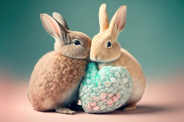 Obraz premium A cute, little two baby bunny, symbol of love. Pastel, creative, animal concept. Valentine's Day, a small rabbit couple in a pet relationship. Generative AI