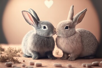 Obraz premium A cute, little two baby bunny, symbol of love. Pastel, creative, animal concept. Valentine's Day, a small rabbit couple in a pet relationship. Generative AI