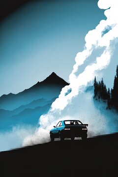 Rally car painting over mountain track, powerful minimalism image painting with blue mountains fog with generative ai