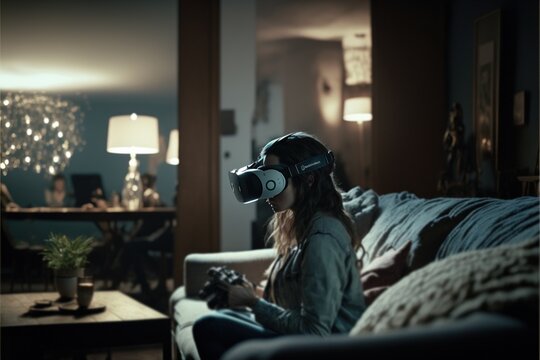 Woman in living room playing VR generative ai