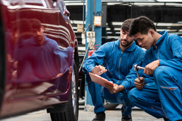 automotive mechanic men checking at car tyre rubber condition needed for replacement, man pointing hand at wheel following maintenance checklist document, after service at auto repair shop concept