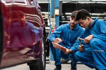 Fototapeta na wymiar automotive mechanic men checking at car tyre rubber condition needed for replacement, man pointing hand at wheel following maintenance checklist document, after service at auto repair shop concept