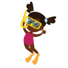 Cute girl in a swimsuit and snorkeling equipment. Children's activity underwater. Child illustration in cartoon style isolated on white background.