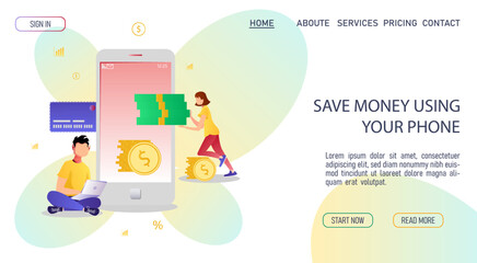 Money saving or accumulating, Financial services, Mobile app, Internet banking concept. Vector illustration.