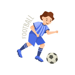 Boy playing football isolated on white background. Children and sport vector illustration. Activity concept