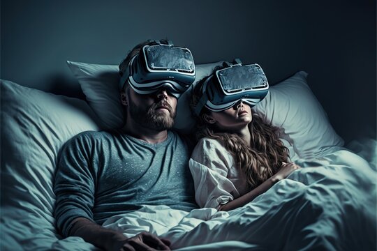 Couple in bed with VR headset illustration generative ai