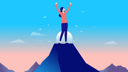 Casual woman on mountaintop feeling free with hands raised, happy and cheerful over personal achievement and success. Flat design vector illustration with copy space for text