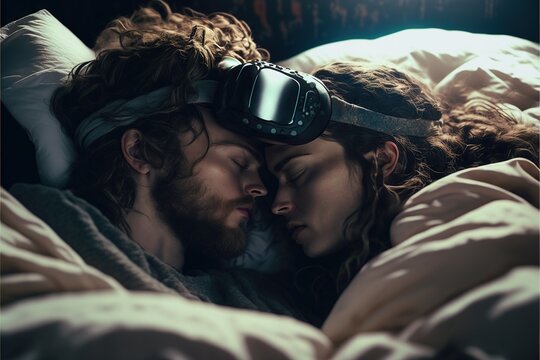 Couple in bed with VR headset illustration generative ai