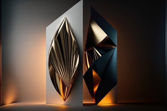  A Large White And Gold Object On A Black Background With A Light Shining On It's Side And A Smaller One Behind It That Is A Gold Object.  Generative Ai