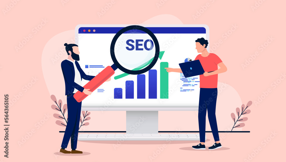 Fototapete search engine optimisation - people working on analytics and seo research with magnifying glass and 