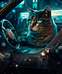 Fototapeta premium cat inside a cyberpunk car surrounded by blue lights